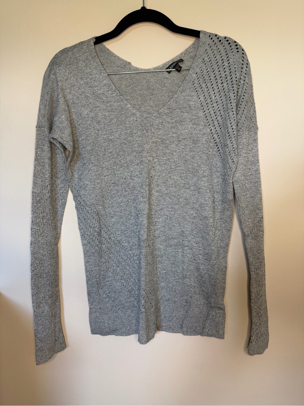Express Gray V-Neck Open Knit Sweater